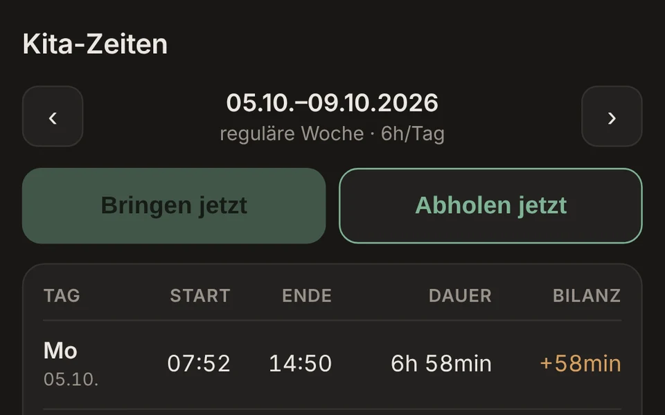 Kita-Zeiten Tracker: the current week with drop-off and pick-up times per day (example data)