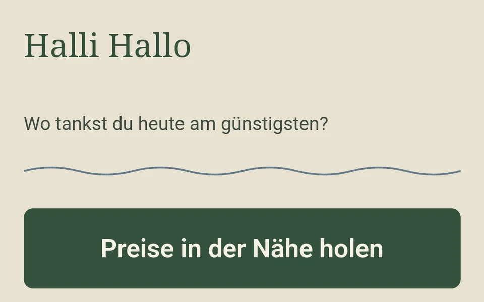 Tanke: start screen with the button to fetch nearby prices and a 5, 10 or 15 minute range