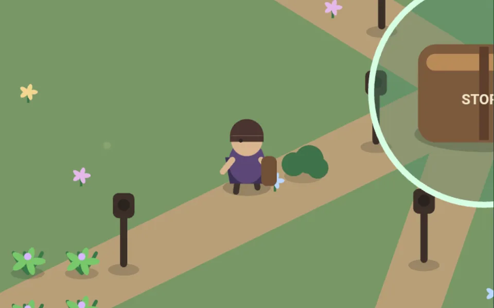 Whisperwood: Aeva walking the village path past the store and the garden beds